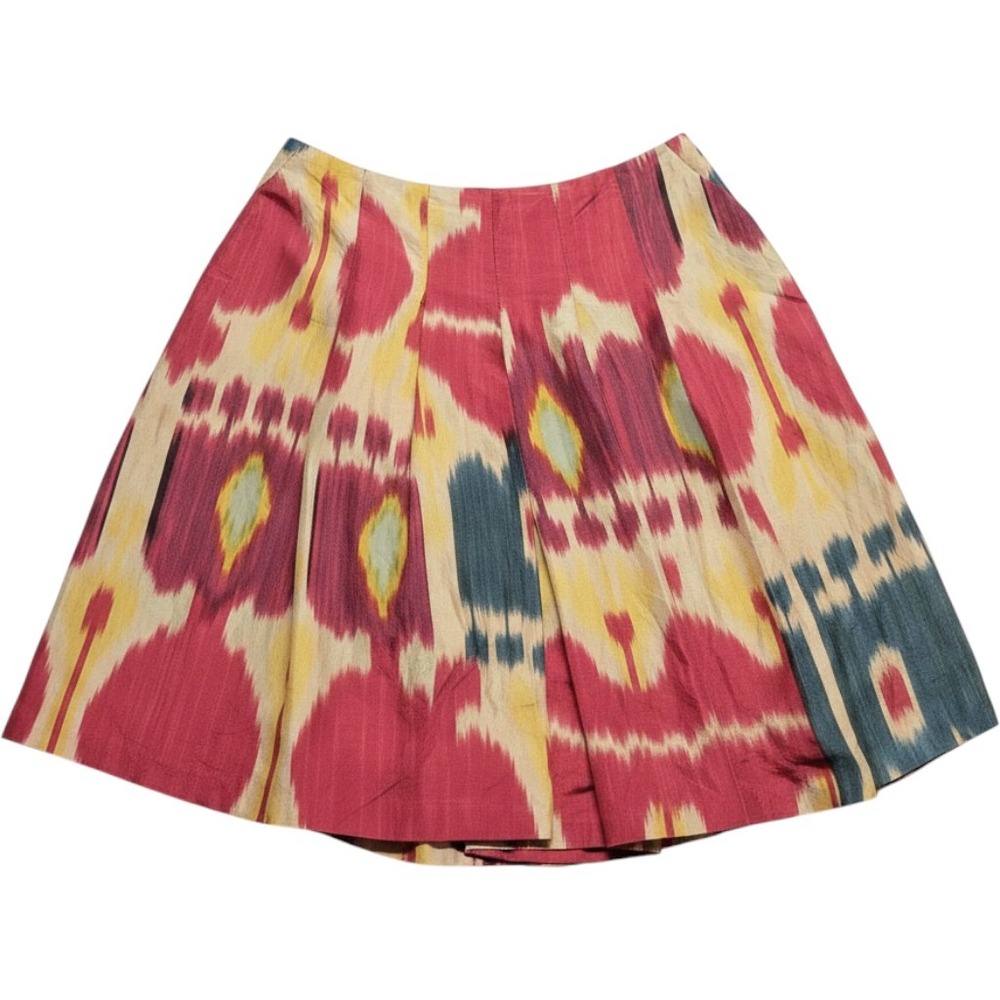 Lauren Ralph Lauren 100% Silk Ikat Western Print Pleated Skirt Red Yellow Blue 8